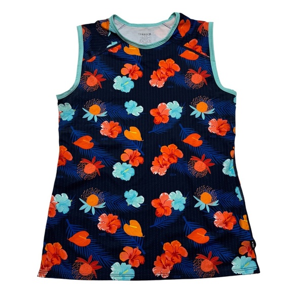 {TomboyX} Tropical Floral Hibiscus Print Swim Muscle Style Rashguard Tank Top - Picture 1 of 3